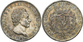 ITALIE, SAVOIE et SARDAIGNE, Charles Félix (1821-1831), AR 5 lire, 1829 P, Gênes. M. 68; G. 49. Patine foncée. Petits coups sur la tranche.

Très Be...