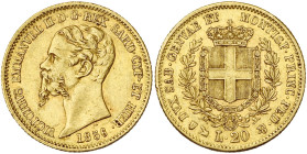 ITALIE, SAVOIE et SARDAIGNE, Victor Emmanuel II (1849-1861), AV 20 lire, 1856 P, Gênes. M. 16; G. 11; Fr. 1147.

Très Beau / Very Fine