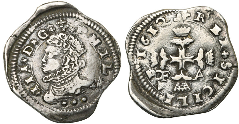 ITALIE, SICILE, Philippe III (1598-1621), AR 3 tari, 1612, Messine. D/ B. cuir. ...