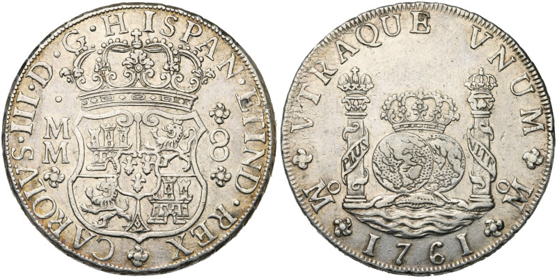 MEXIQUE, Charles III (1759-1788), AR 8 reales, 1761 MM, Mexico. D/ Ecu couronné....