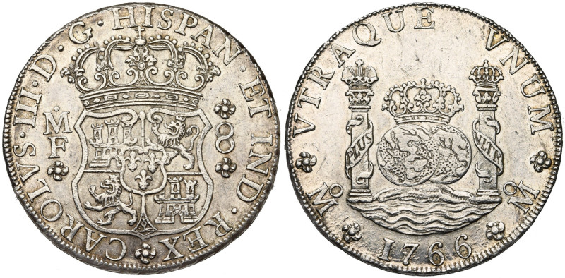 MEXIQUE, Charles III (1759-1788), AR 8 reales, 1766 MF, Mexico. D/ Ecu couronné....