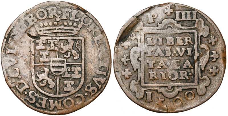 NEDERLAND, CULEMBORG, Floris van Palland, Cu oord (vier penningen), 1590, Gorinc...