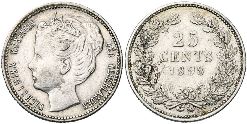 NEDERLAND, Koninkrijk, Wilhelmina (1890-1948), AR 25 cents, 1898. Sch. 853. Zeld...