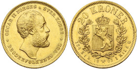 NORVEGE, Oscar II (1872-1905), AV 20 kroner, 1902. A.B.H. 9; Fr. 17. Nettoyé. Fines griffes.

Très Beau à Superbe / Very Fine - Extremely Fine