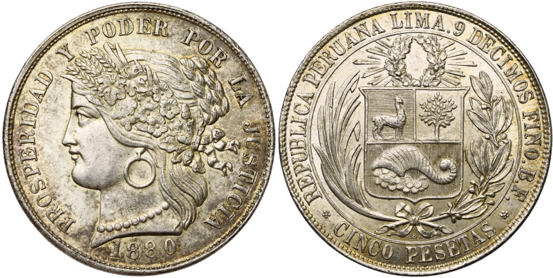 PEROU, République (1821-), AR 5 pesetas, 1880 BF, Lima. B. avec point. K.M. 201-...