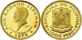 PHILIPPINES, République (1946-), AV 1000 piso, 1975. Président Marcos. Fr. 6. 10,00 g. Ecrin et certificat. Titre 0,900.

Flan poli / Proof