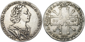 RUSSIE, Pierre le Grand (1689-1725), AR rouble, 1725, Moscou. D/ B. l., dr. et cuir. à d. R/ Date dans une croix formée de quatre Π sous quatre couron...