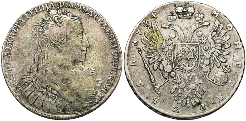 RUSSIE, Anna (1730-1740), AR rouble, 1734, Moscou. D/ B. à d. R/ Aigle impériale...