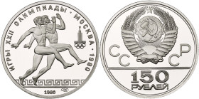RUSSIE, U.R.S.S. (1917-1991), platine 150 roubles, 1980. Jeux olympiques de Moscou. Course antique. Fr. 186. Ecrin et certificat.

Flan poli / Proof