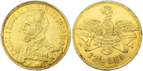 ROUMANIE, Carol Ier (1866-1914), AV 12 1/2 lei, 1906, Bruxelles. 40e anniversaire du règne. Fr. 8. Petits coups. Légères traces de monture.

Très Be...