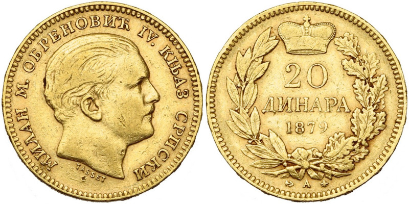 SERBIE, Milan Obrenovich IV (1868-1889), AV 20 dinara, 1879 A, Paris. Fr. 3. Net...