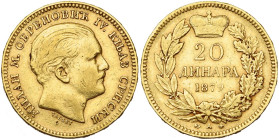 SERBIE, Milan Obrenovich IV (1868-1889), AV 20 dinara, 1879 A, Paris. Fr. 3. Nettoyé.

Beau à Très Beau / Fine - Very Fine
