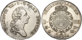 SUEDE, Gustav III (1771-1792), AR riksdaler, 1776 OL, Stockholm. D/ T. nue à d., les cheveux noués par un ruban. R/ Ecu ovale couronné, entouré du col...
