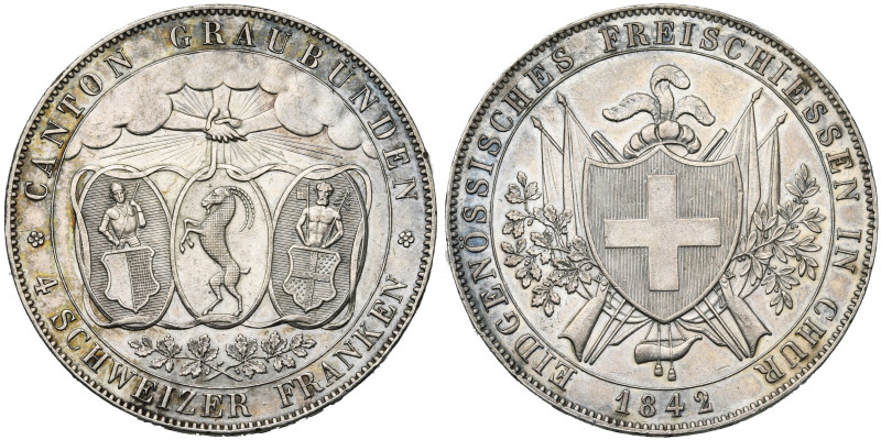 SUISSE, GRISONS (GRAUBÜNDEN), Canton, AR Taler de 4 Franken, 1842, Münich. Tir f...