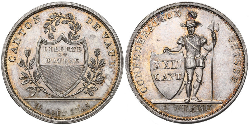 SUISSE, VAUD (WAADT), Canton, AR 1 franc, 1845. D.T. 227. Fines griffes. Léger d...
