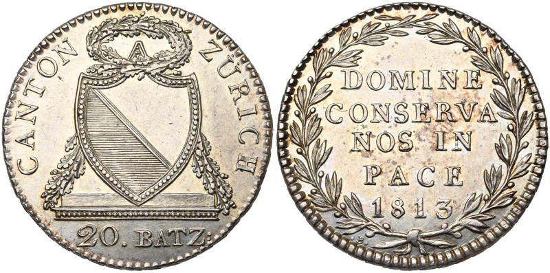 SUISSE, ZURICH, Canton, AR 20 Batzen, 1813. D.T. 19a; Hürlimann 753. Petites tac...