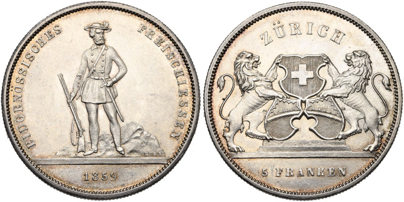 SUISSE, Confédération helvétique, AR 5 francs, 1859. Tir fédéral à Zurich. Divo ...