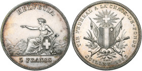 SUISSE, Confédération helvétique, AR 5 francs, 1863. Tir fédéral à La-Chaux-de-Fonds. Divo S7; Dav. 381. Petits coups au droit.

Superbe / Extremely...