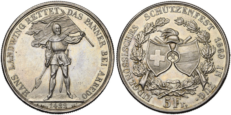 SUISSE, Confédération helvétique, AR 5 francs, 1869. Tir fédéral à Zug. Divo S10...