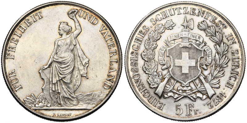 SUISSE, Confédération helvétique, AR 5 francs, 1872. Tir fédéral à Zurich. Divo ...