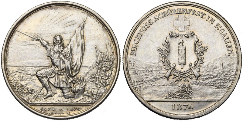 SUISSE, Confédération helvétique, AR 5 francs, 1874. Tir fédéral à Saint-Gall. D...