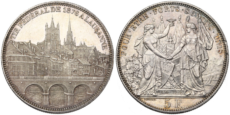 SUISSE, Confédération helvétique, AR 5 francs, 1876. Tir fédéral à Lausanne. Div...