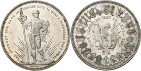 SUISSE, Confédération helvétique, AR 5 francs, 1879. Tir fédéral à Bâle. Divo S14; Dav. 388. Fines griffes.

Superbe à Fleur de Coin / Extremely Fin...