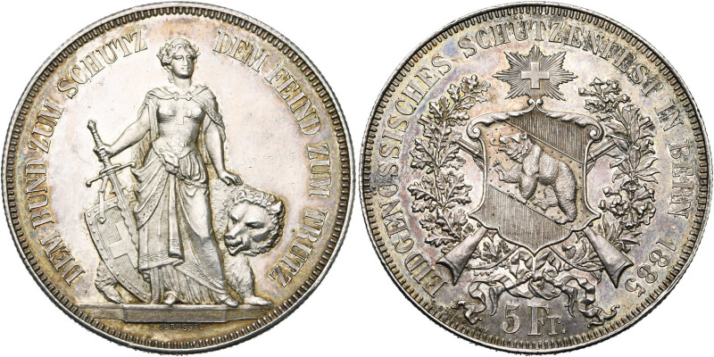 SUISSE, Confédération helvétique, AR 5 francs, 1885. Tir fédéral à Berne. Divo S...