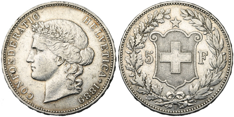 SUISSE, Confédération helvétique, AR 5 francs, 1889 B, Berne. Divo 112; Dav. 392...