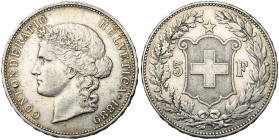 SUISSE, Confédération helvétique, AR 5 francs, 1889 B, Berne. Divo 112; Dav. 392. Nettoyé.

Très Beau / Very Fine