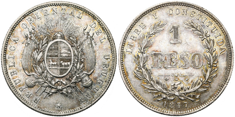 URUGUAY, République (1830-), AR 1 peso, 1877 A. K.M. 17.

Très Beau à Superbe ...