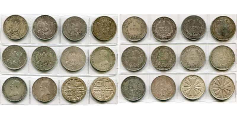 URUGUAY, République (1830-), AR lot de 12 p. en argent: peso 1893 (5), 1895 (3),...