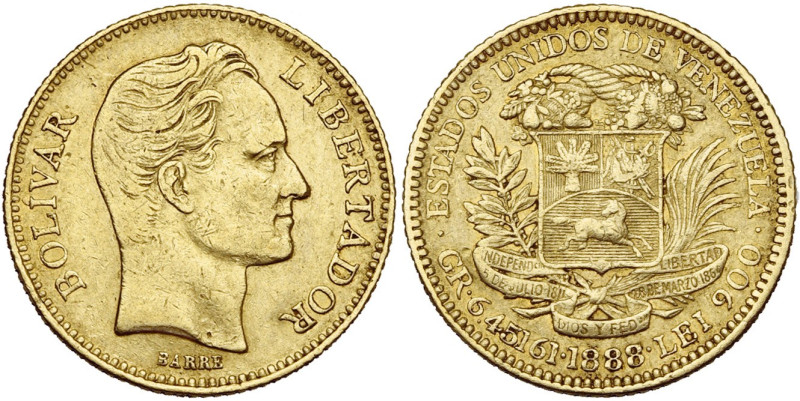 VENEZUELA, République (1821-), AV 20 bolivares, 1888, Caracas. Fr. 5b. Nettoyé....