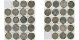 lot de 19 p. en argent: Autriche, 5 couronnes 1908; Belgique, 5 francs 1847, 1850, 1870, 1875, 1876; Canada, dollar 1964 (2), 1968; Espagne, 5 pesetas...