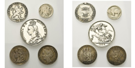 lot de 5 p.: Brabant, Etats-Belgiques-Unis, florin, 1790, Bruxelles, 2e type (rare, trou rebouché); Etats-Unis, 5 cents 1934; Grande-Bretagne, Victori...