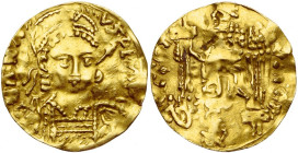 AV burial piece, 7th-10th c. A.D. Imitation of a gold solidus of Anastasius. Obv./ Helmeted and cuir. bust facing, holding spear and shield. Rev./ Vic...