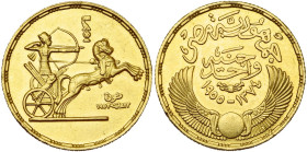 EGYPT, Republic (AD 1953-1958/AH 1373-1377) AV 1 pound, AH 1374/1955. 3rd anniversary of the Revolution. Yellow gold. Fr. 40. Some edge knicks.

Ver...