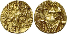 INDIA, KUSHAN KINGDOM, Clan coinage (after c. 365), AV dinar, c. 380, Taxila. 32nd emission, 2nd officina. Obv./ King standing l., holding a trident a...
