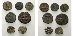 lot of 7 pcs: Kushan Kingdom, Vima Taktu, tetradrachm, H. r./Horseman; Kanishka I, quarter unit, King st./Deity (2); Kuvishka, unit, King/Siva, King/M...