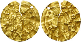 SILK ROAD REGION, local issue, AV bracteate, 5th-8th cent. AD. Imitation of a solidus. Obv./ Helmeted and cuir. bust facing, holding spear. Rev./ Incu...