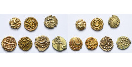 INDIA, lot of 7 fanams: Mysore, Kantirava I, Tipu Sultan (3), Krishna Raja Wodeyar; Travancore, Bala Rama Varma I, Rama Varma IV.

Very Fine / Very ...