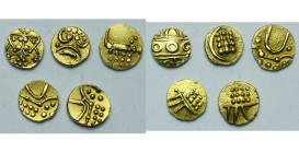 INDIA, lot of 5 anonymous gold fanams: Cochin; Mysore, Krishna Raja Wodeyar; Travancore (3).

Very Fine - Extremely Fine / Very Fine - Extremely Fin...