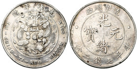 CHINA, CH'ING Te Tsung (1875-1908), Kuang-hsü (1875-1908), AR dollar, n.d. (1908), Tien-tsin. Tai-Ch'ing-ti-kuo. Kann 216; Y. 14. Cleaned. Edge bumps....