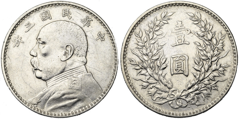 CHINA, Republic (1912-1949), AR 1 dollar, year 3 (1914). Yuan Shih-kai. Vertical...