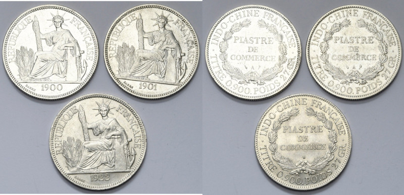 FRENCH INDO-CHINA, AR lot of 2 pcs: piastre de commerce, 1900 and 1901 A, Paris;...