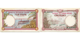 CONGO, Banque du Congo belge, 5 francs, 21.1.29, sans le nom de la filiale. Pick 8e; Martiny, Congo, BCB4-1. N° E250056. Corné. Trace de pli.

Très ...