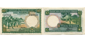 CONGO, Banque du Congo belge, 10 francs, 10.12.41. Pick 14A; Martiny, Congo, BCB16. Série E. Légèrement froissé. Trace de pli.

Très Beau / Very Fin...
