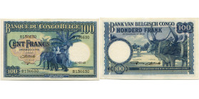 CONGO, Banque du Congo belge, 100 francs, 11.03.46. Sans marque d'émission. Série B. Pick 17c; Martiny, Congo, BCB28-2. Légères traces de plis.

Trè...