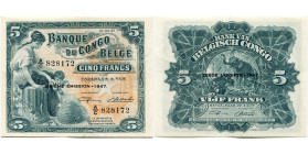 CONGO, Banque du Congo belge, 5 francs, 10.04.47. Sixième émission. Pick 13Ad; Martiny, Congo, BCB14-4. Traces de plis.

Très Beau à Superbe / Very ...