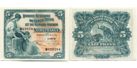 CONGO, Banque centrale du Congo belge et du Ruanda-Urundi, 5 francs, 15.09.53. Pick 21; Martiny, Congo, BCCBRU1-4. Traces de plis.

Très Beau à Supe...